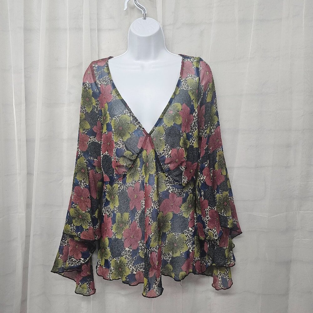 Mudd Blouse Y2K Babydoll Floral Sheer Ruffle Blue Green Fairy Boho M